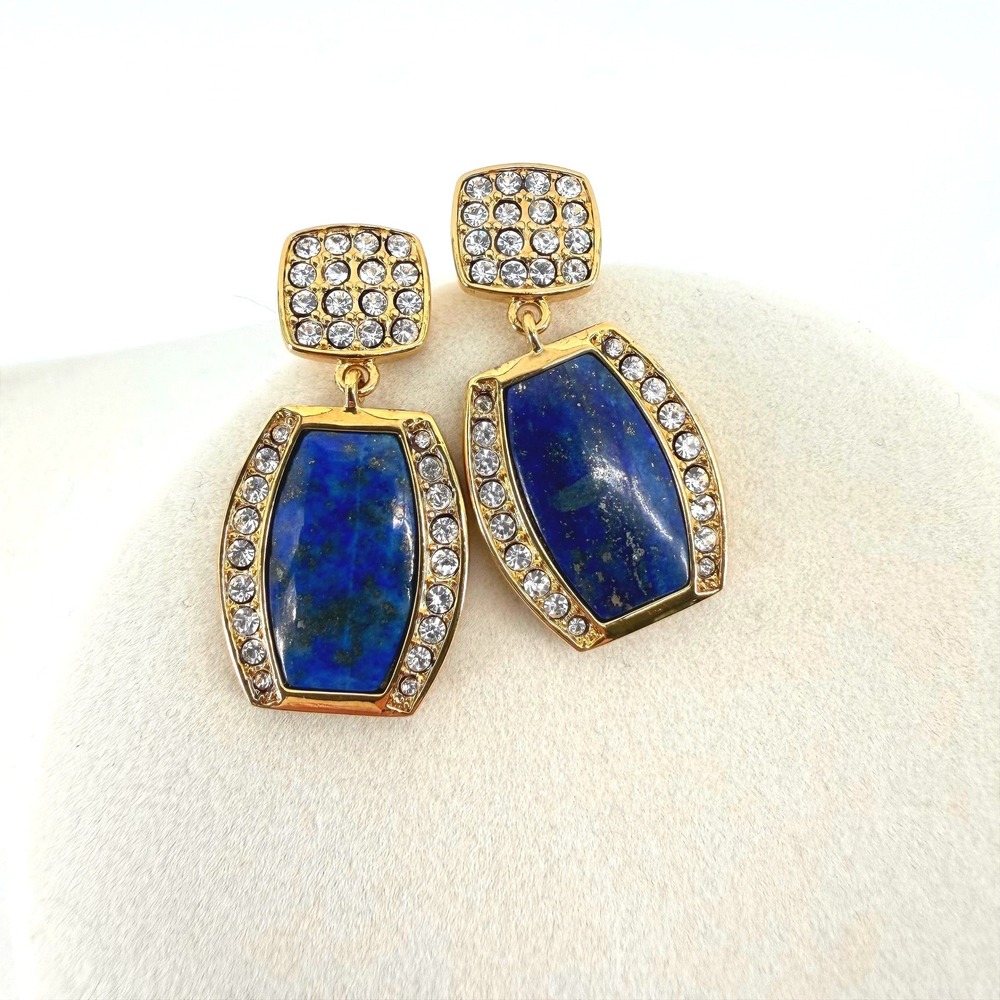 Danbury Mint Lapis Crystal Gold Tone Drop Earrings Blue Geometric Post Back